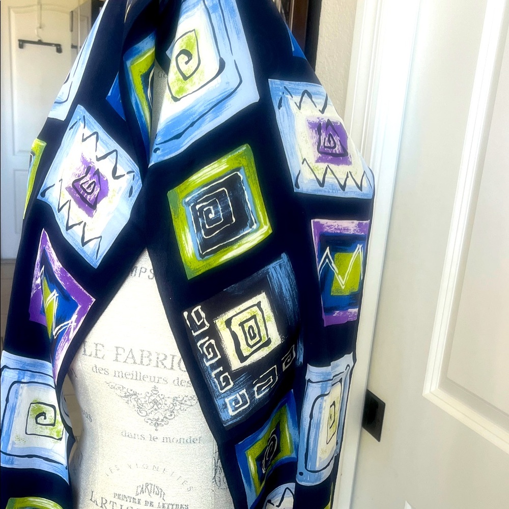EUC Talbots blue silk scarf featuring geometric pattern 11" x 56"